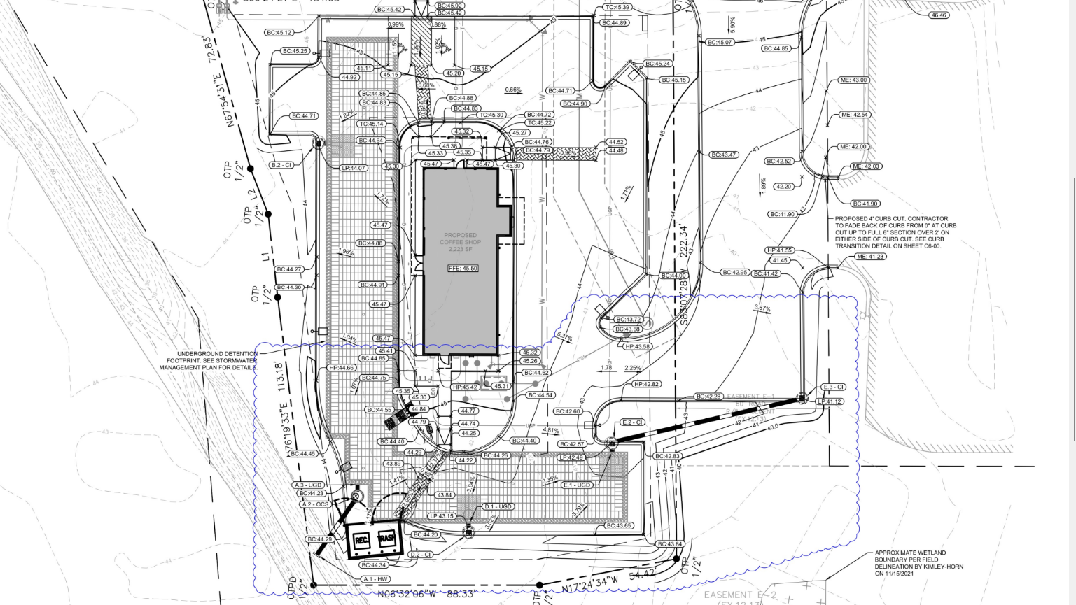 Drainage and grading plan for Starbucks site in Conway, SC, showing layout of underground stormwater detention system