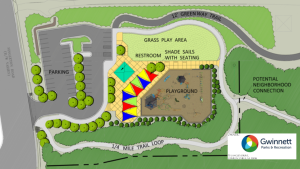 Illustrative map of Singleton Park in Norcross, GA, showing green space, playground, multiuse trail, and parking area.