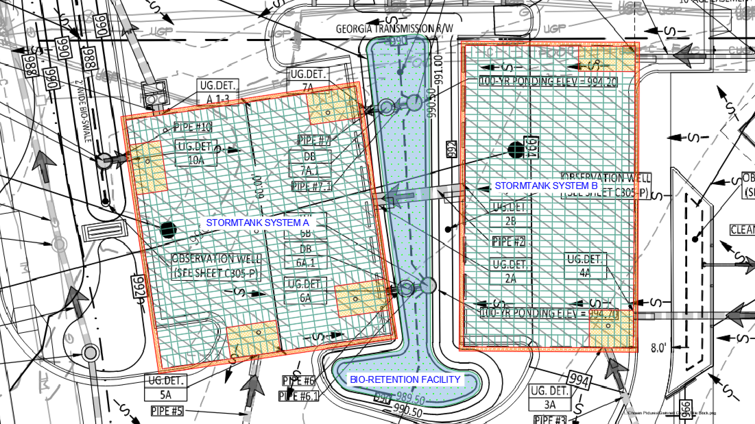 Engineering drawing showing two underground StormTank detention systems positioned on either side of an aboveground bioretention facility at Singleton Park in Norcross, GA
